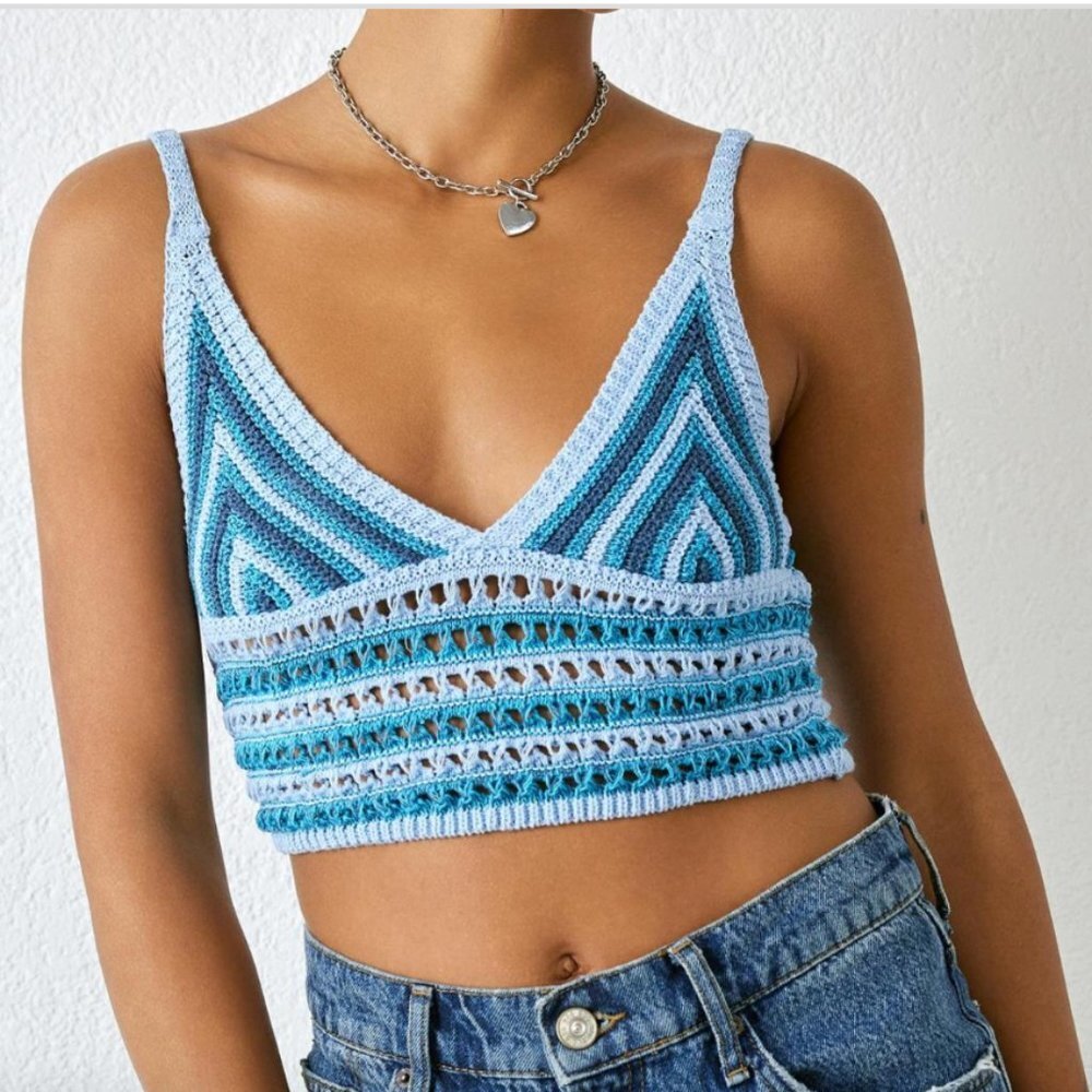Urban Outfitters Gigi Stripe Cami Top Crochet Crop in Blue, XS NWT